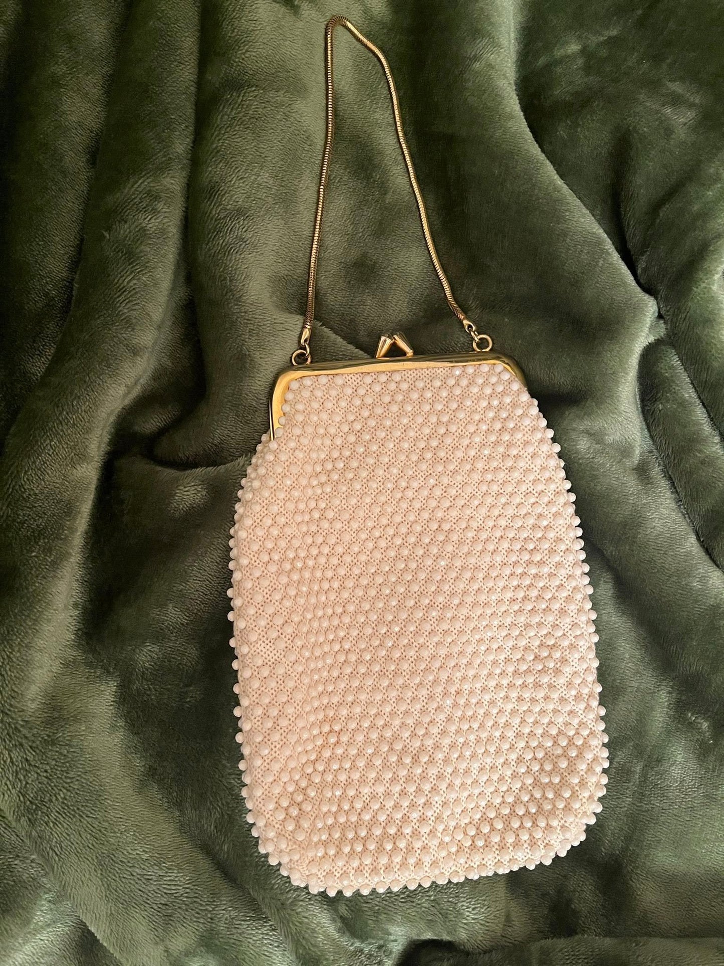 1960s Cream Corde Bead Mini Handbag with Gold Snake Chain