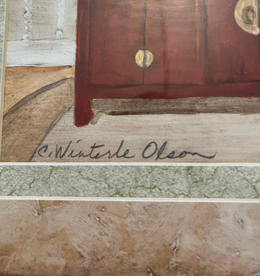 C. Winterle Olson Signed Floral Oil Painting in Red Ivy Frame