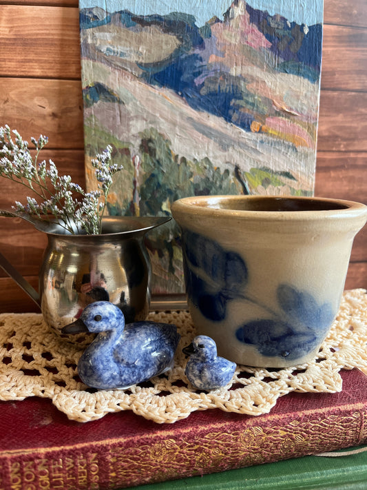 Vintage Blue Ceramic Spongeware Mother Duck & Duckling Figurine Pair