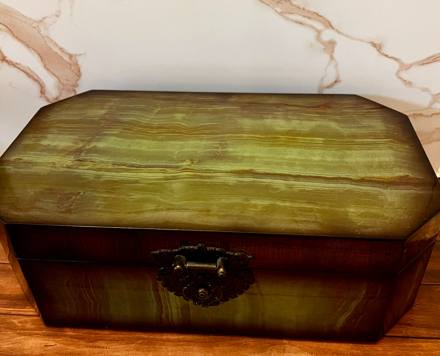 Vintage Lacquered Wood Storage Box with Brass Filigree