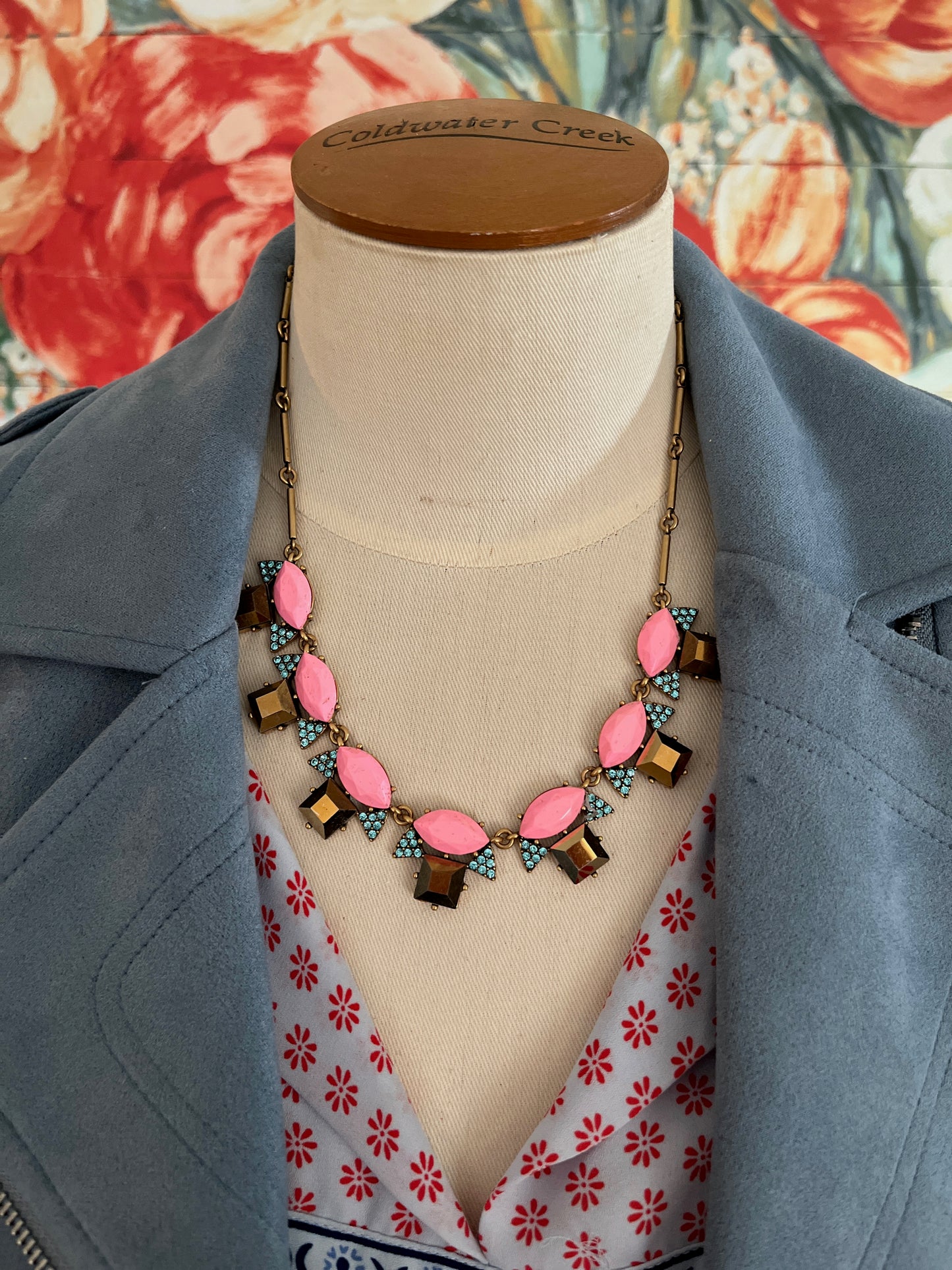J. Crew Pink Cabochon and Bronze Crystal Bib Statement Necklace