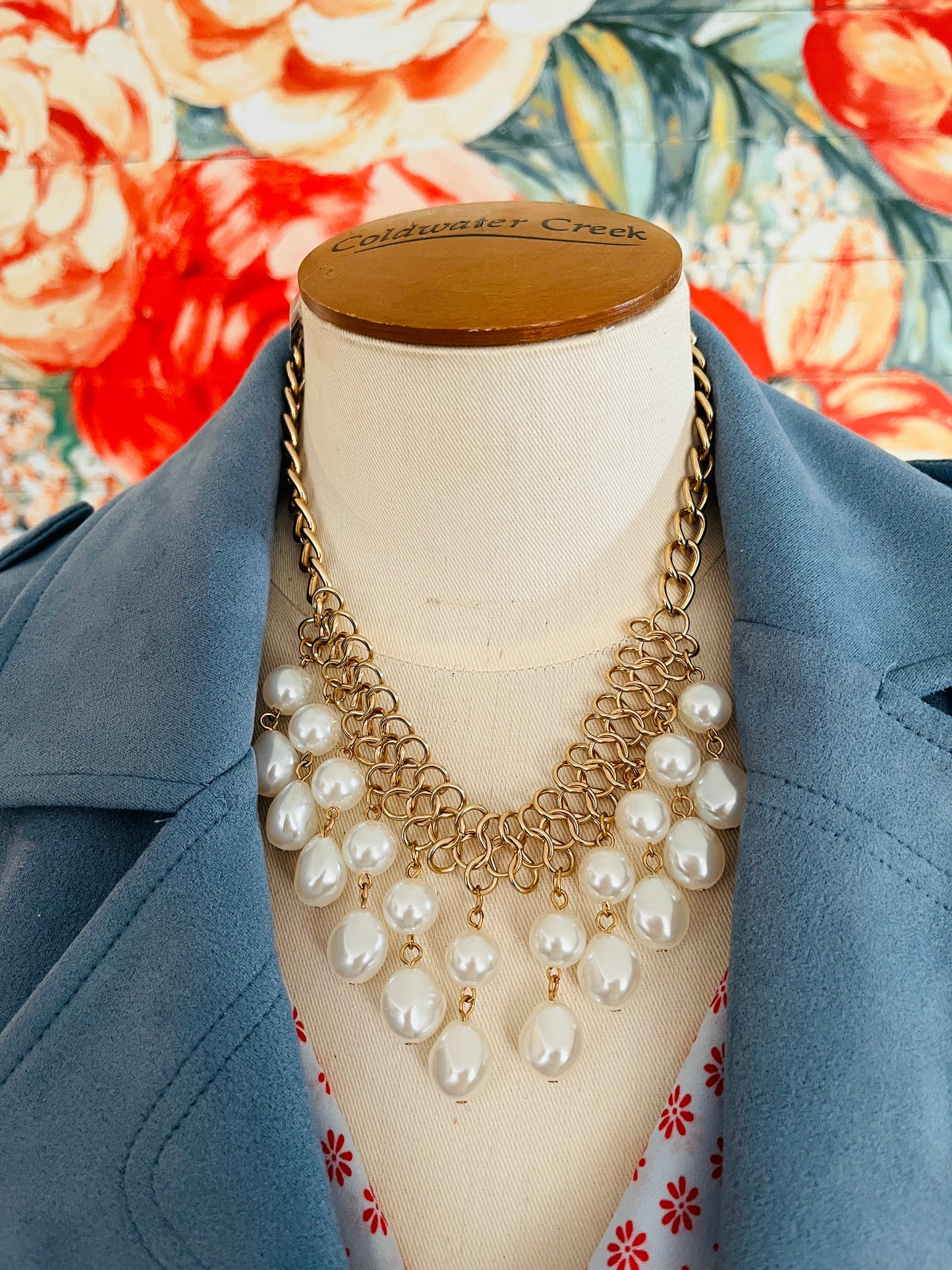 Gold Tone & Faux Pearl Bib Statement Necklace