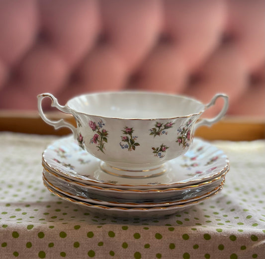 1960s Royal Albert "Winsome" Footed Cream Soup Bowl & Saucer - Four Sets