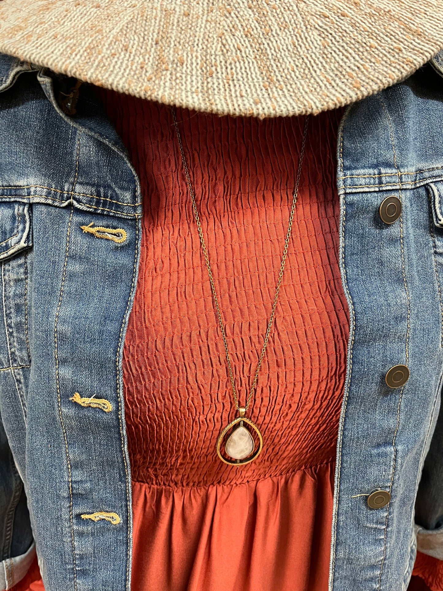 Stella & Dot Brass-Tone Rose Quartz-Style Teardrop Pendant Necklace