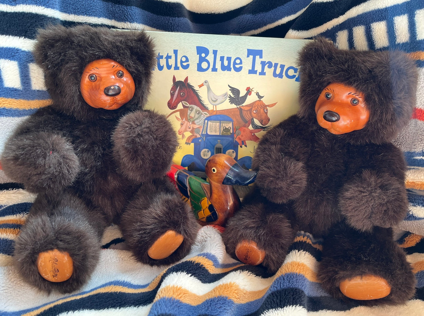 1980s-1990s Robert Raikes Collectible Plush Teddy Bears with Carved Wooden Faces