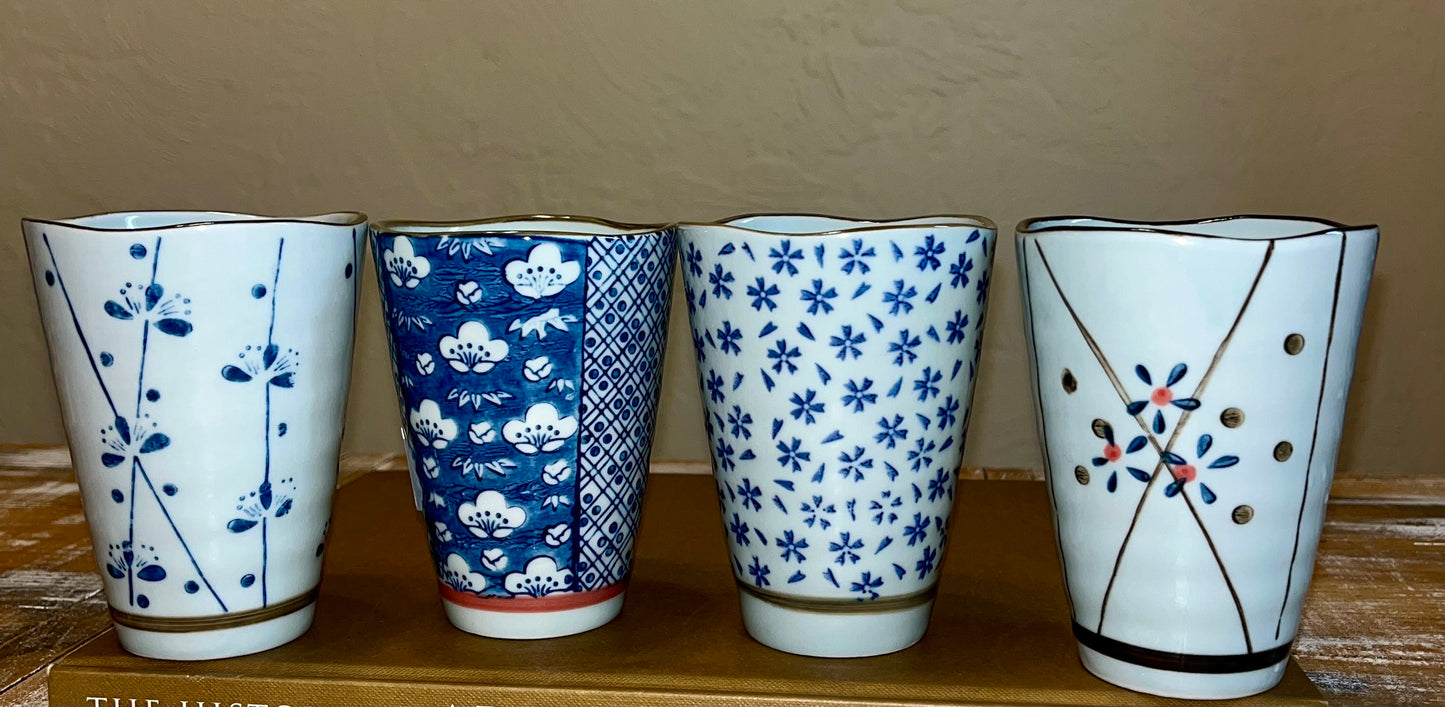 Vintage Yamada-yaki Hand-Painted Underglaze Ceramic Wave Tea Cups
