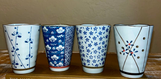 Vintage Yamada-yaki Hand-Painted Underglaze Ceramic Wave Tea Cups