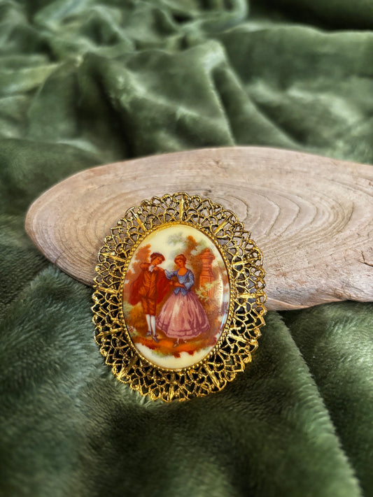 1950s Post-War West German "Fragonard" Rococo Romantic Couple Brooch-Pendant