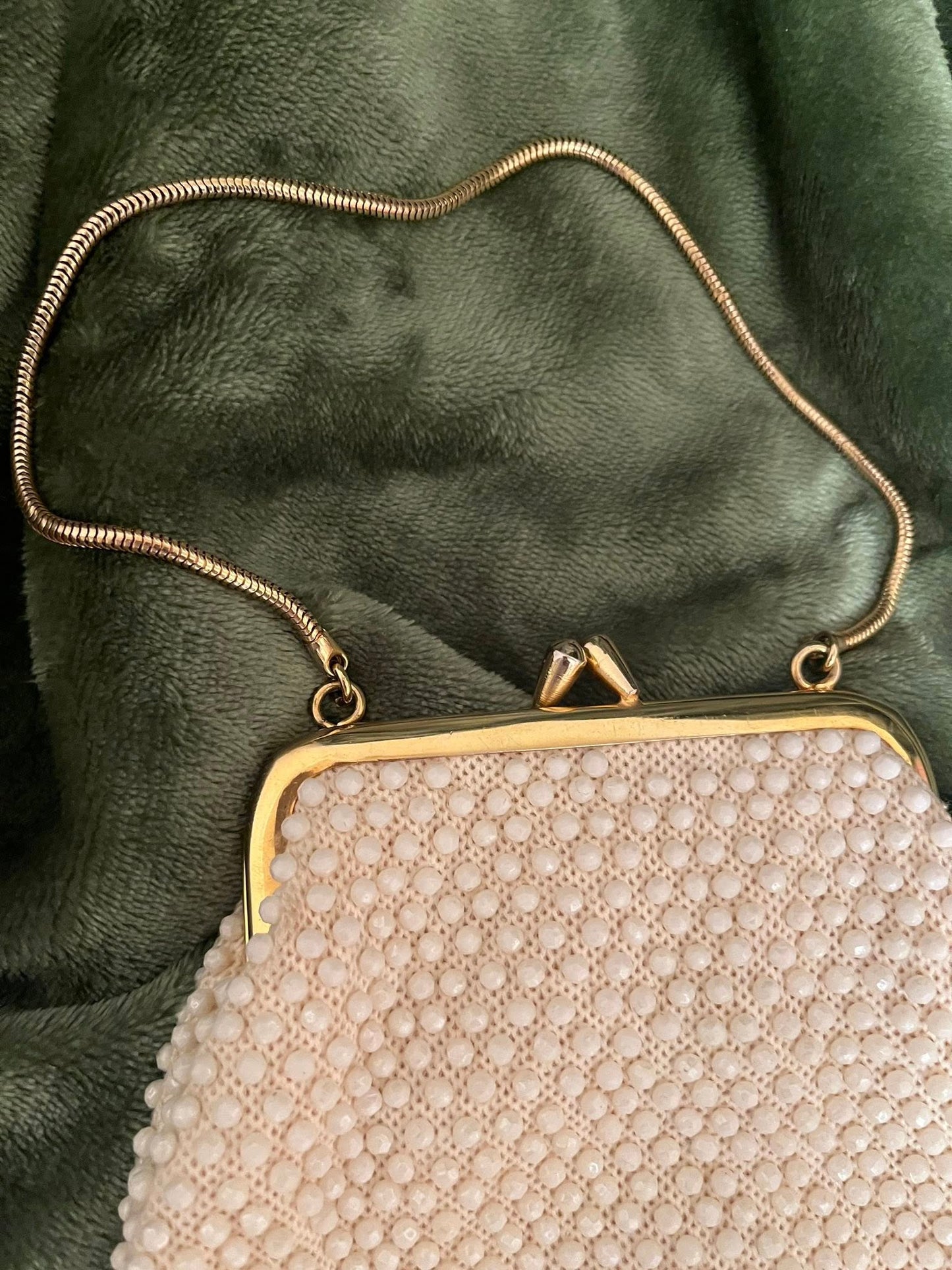 1960s Cream Corde Bead Mini Handbag with Gold Snake Chain