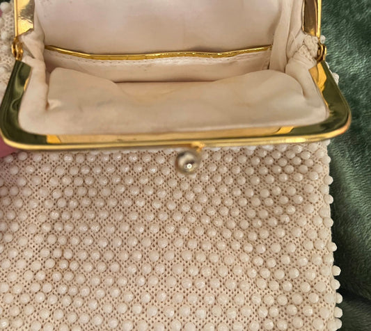 1960s Cream Corde Bead Mini Handbag with Gold Snake Chain