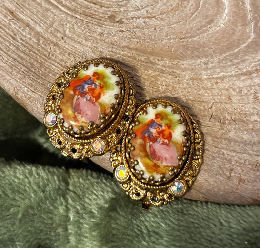 1950s Post-War West German Rococo "Courting Couple" Porcelain Clip-On Earrings
