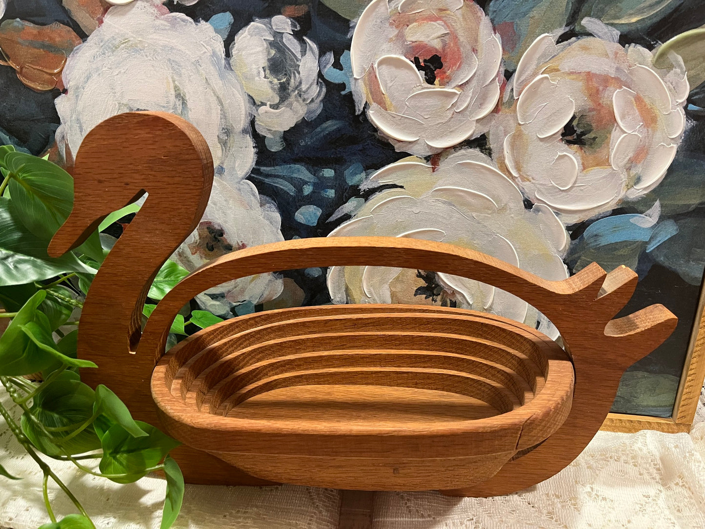 1990s John Keim Handcrafted Solid Wood Collapsible Swan Basket & Trivet