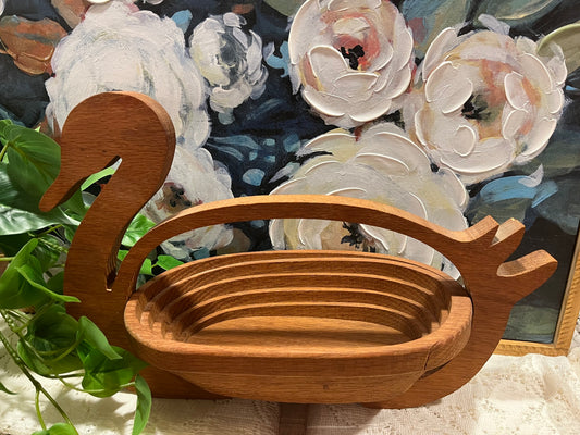 1990s John Keim Handcrafted Solid Wood Collapsible Swan Basket & Trivet