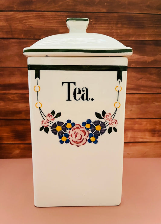 1920s German Floral Porcelain & Olive Trim Tea Canister