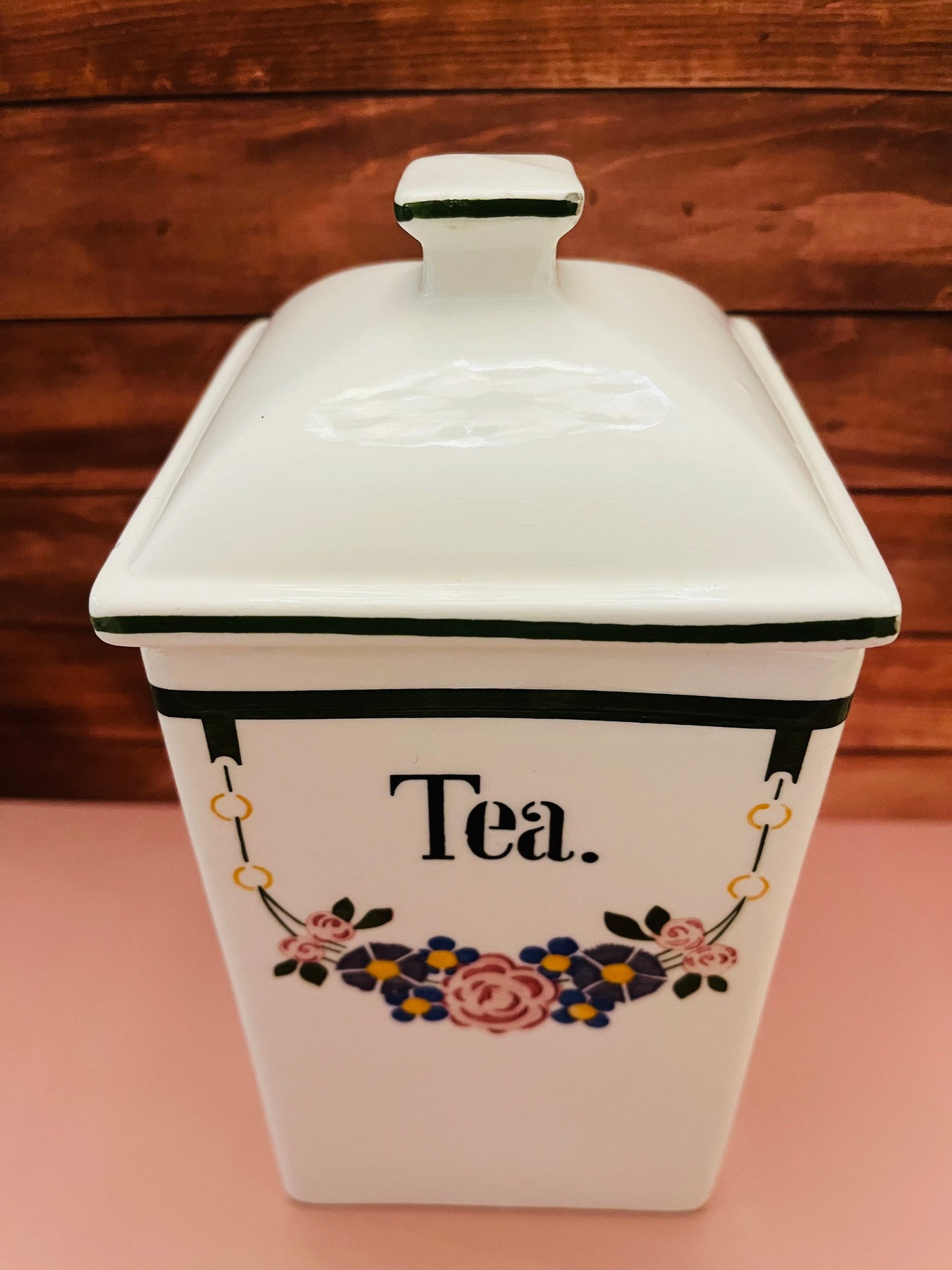 1920s German Floral Porcelain & Olive Trim Tea Canister