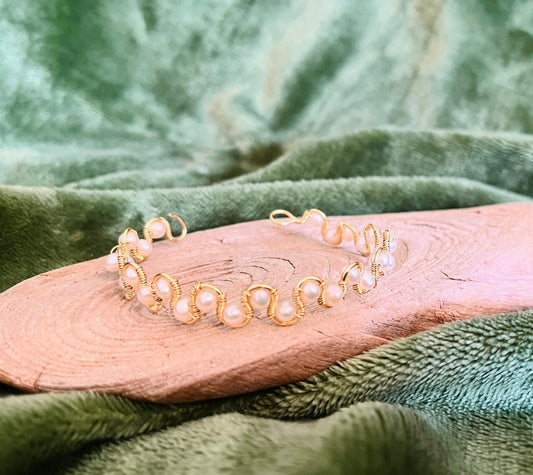 Artisan made Gold-Tone Wire-Wrapped Pearl Bangle Bracelet