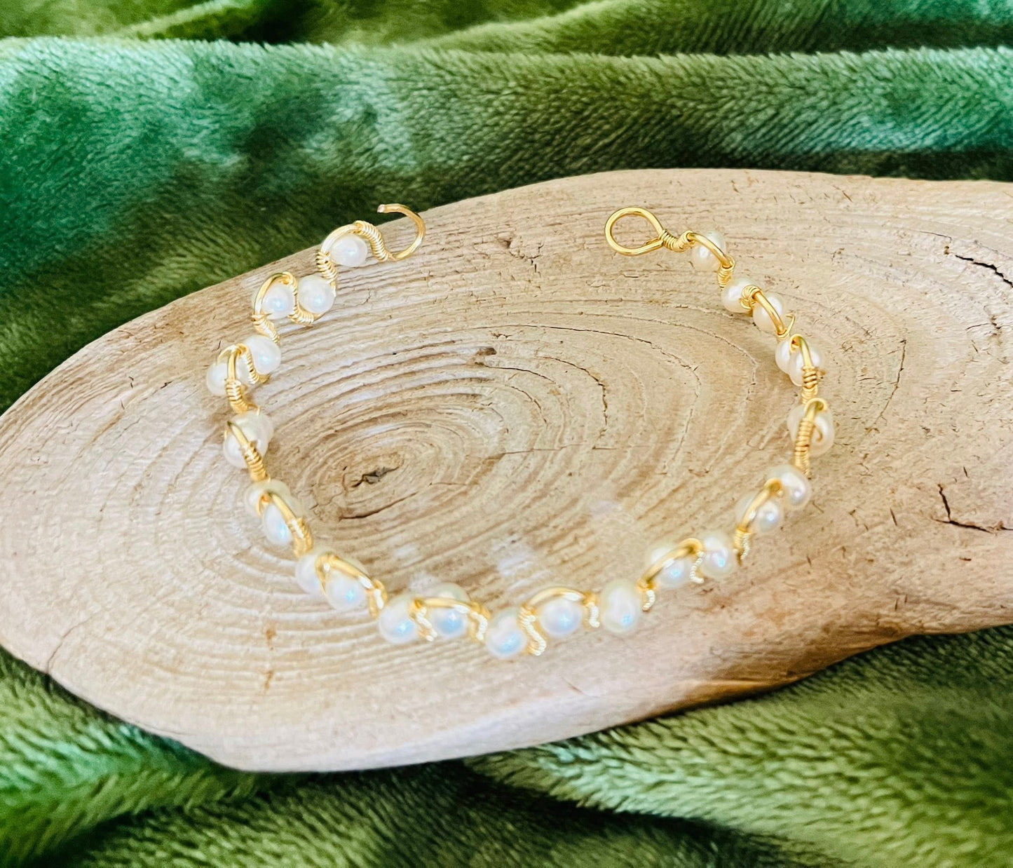 Artisan made Gold-Tone Wire-Wrapped Pearl Bangle Bracelet