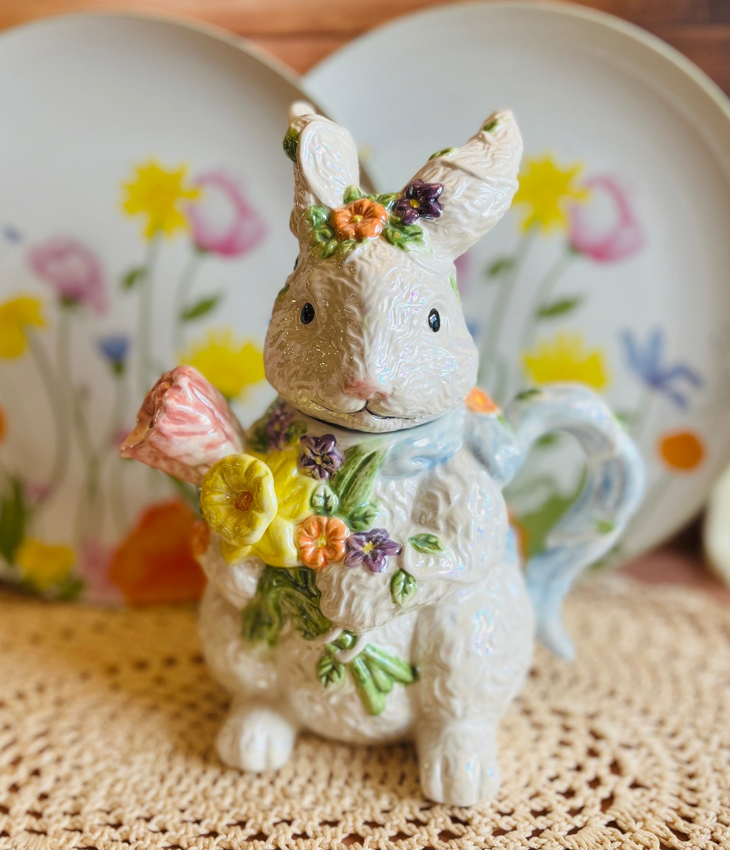 1990s-2000s Bella Casa by Ganz Iridescent Bunny Ceramic Teapot
