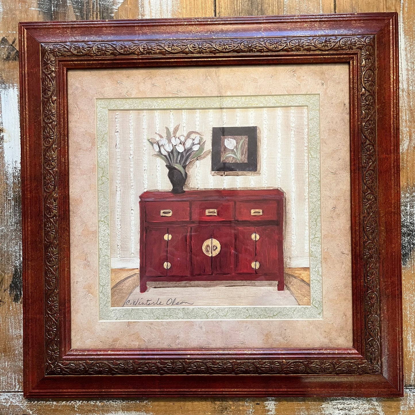 C. Winterle Olson Signed Floral Oil Painting in Red Ivy Frame