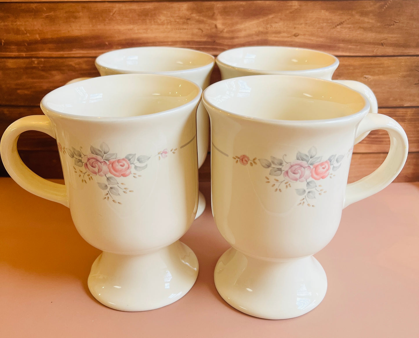 1990s Pfaltzgraff Trousseau Floral Footed Mugs - Set of 4