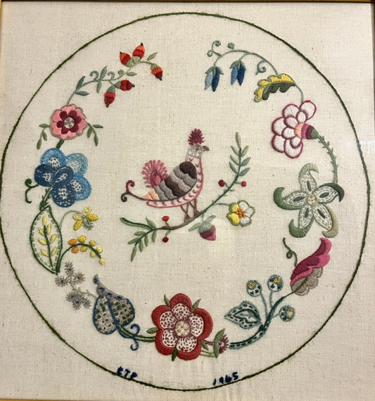 1965 Framed Jacobean Crewel Embroidery Bird & Floral Art