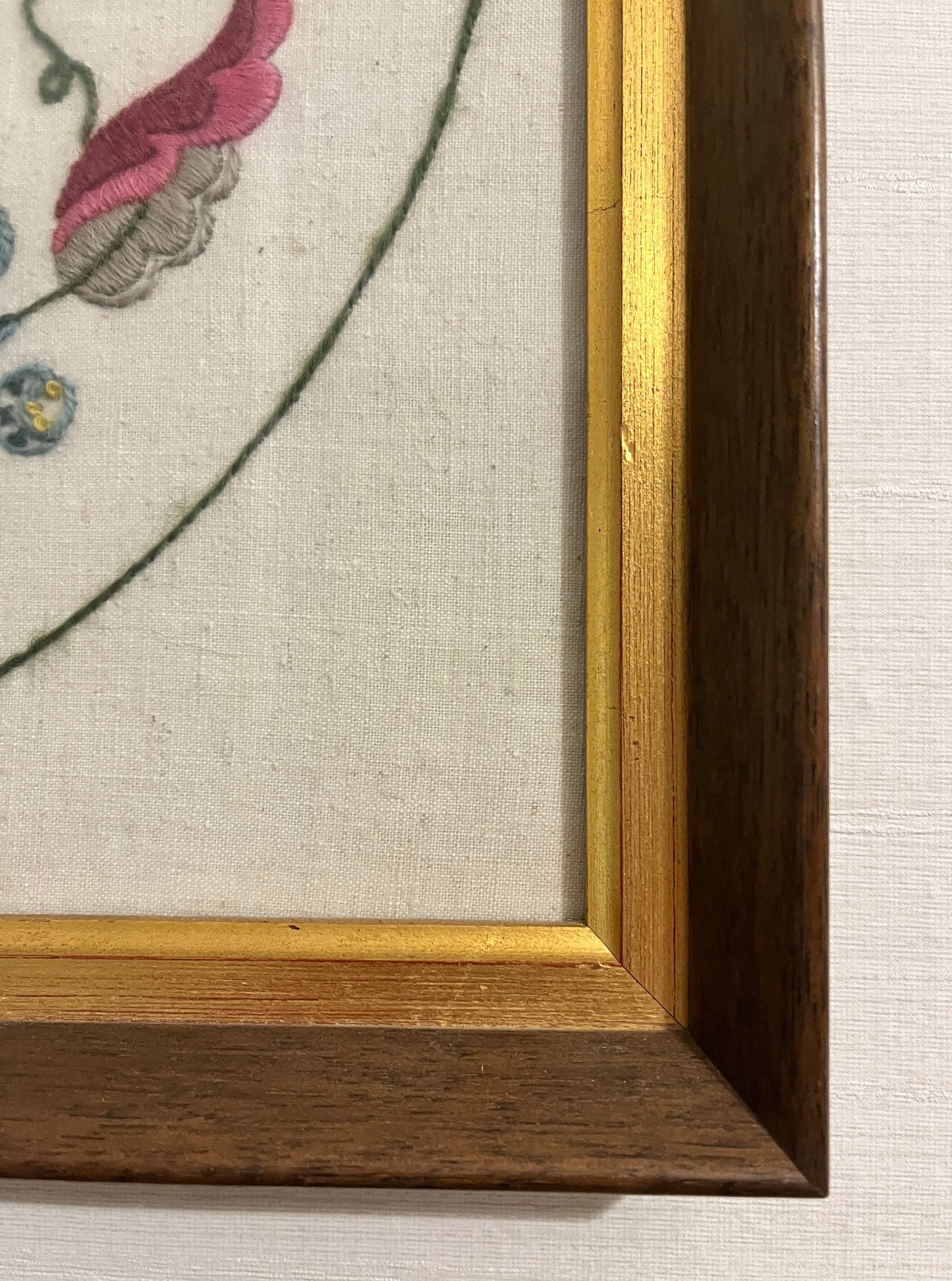 1965 Framed Jacobean Crewel Embroidery Bird & Floral Art