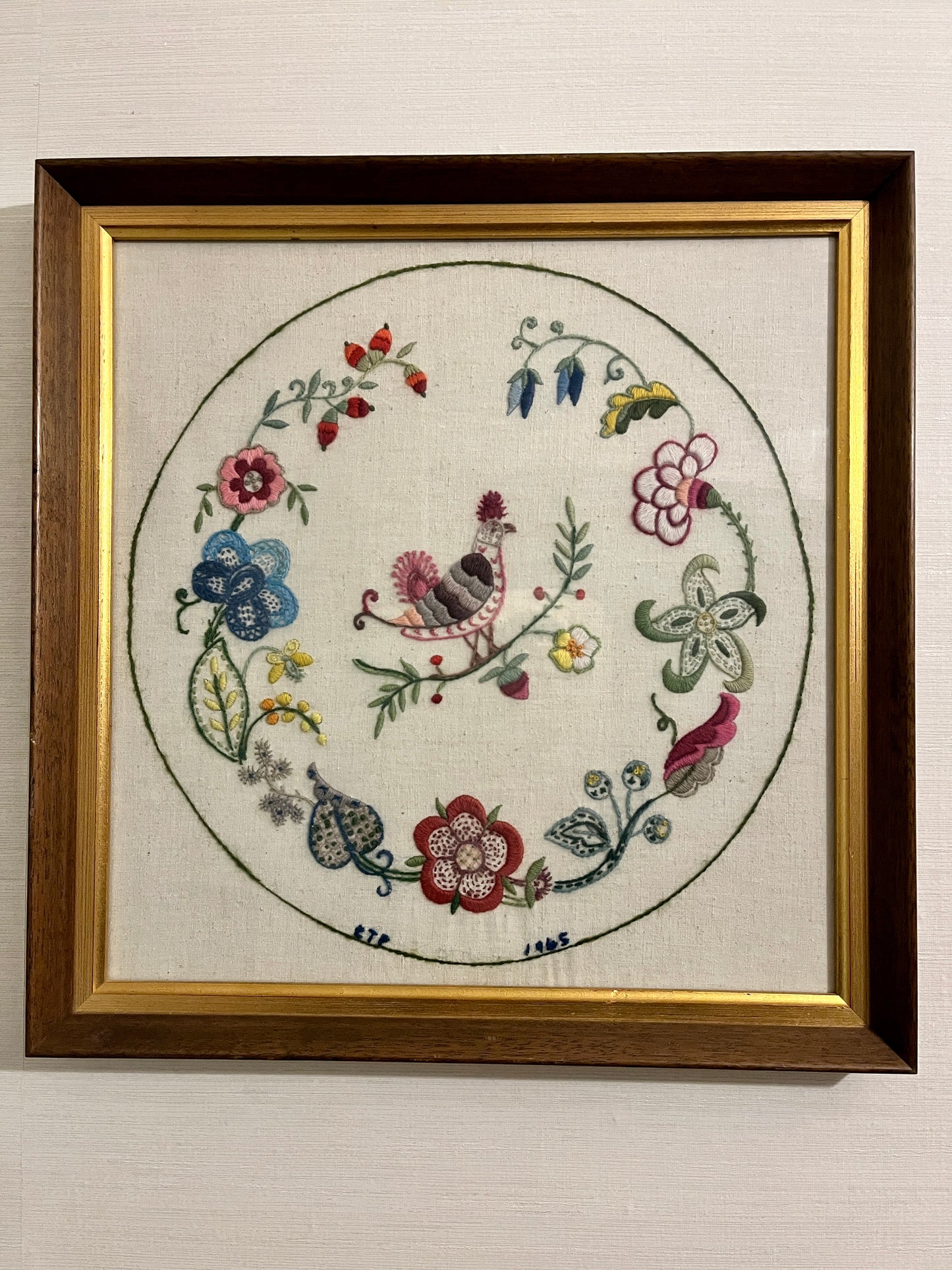1965 Framed Jacobean Crewel Embroidery Bird & Floral Art