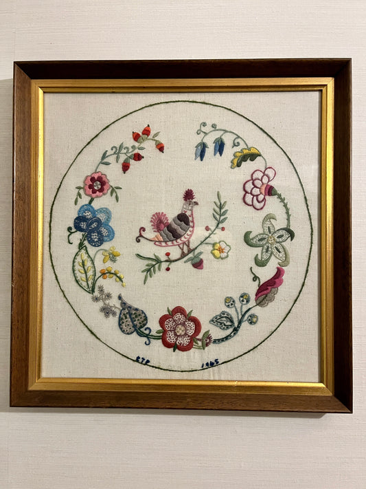 1965 Framed Jacobean Crewel Embroidery Bird & Floral Art