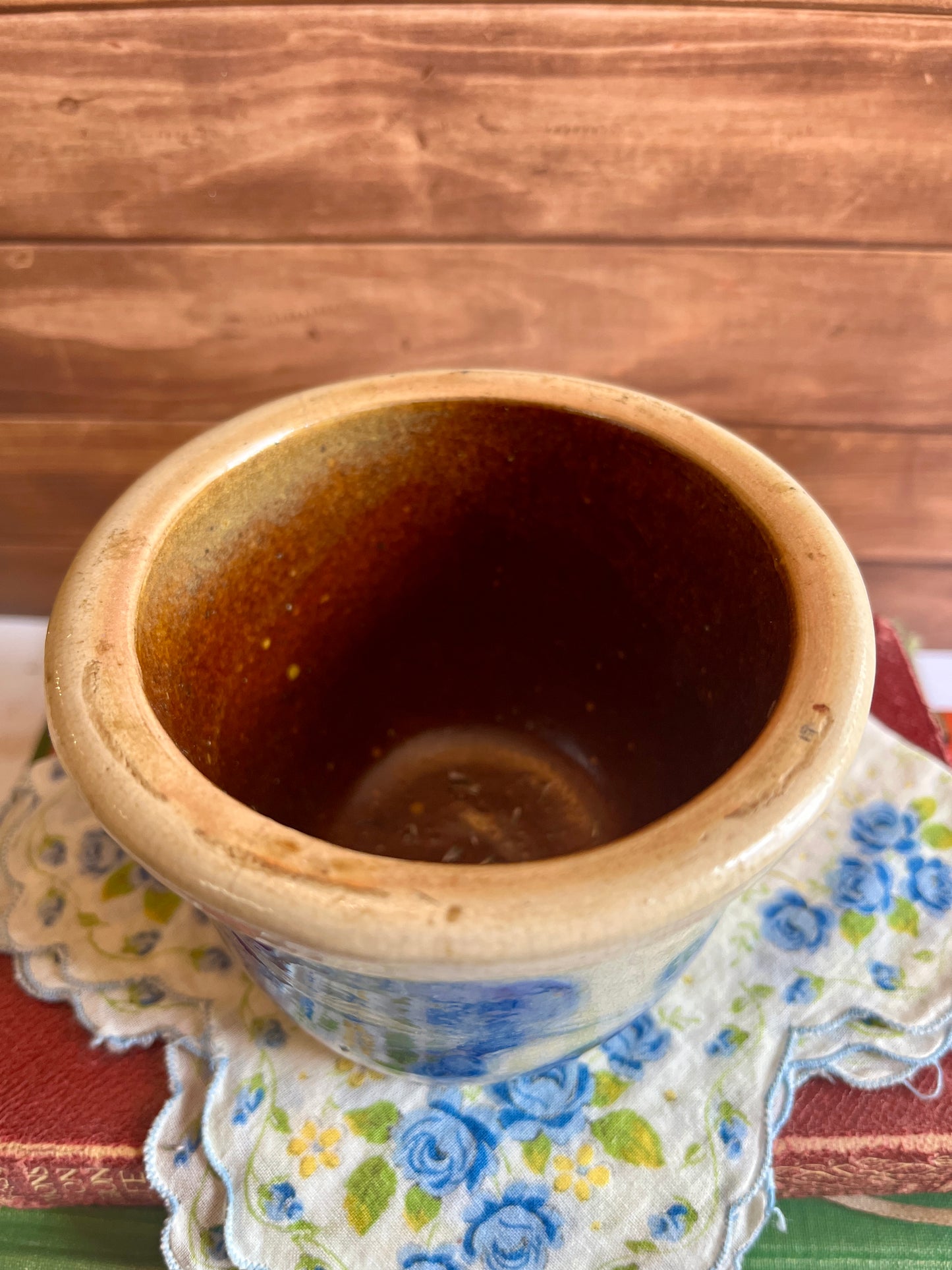 Vintage Glazed Stoneware Tulip Salt Crock