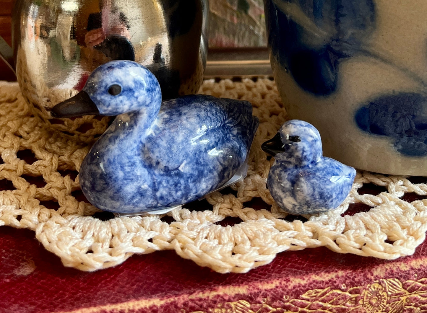 Vintage Blue Ceramic Spongeware Mother Duck & Duckling Figurine Pair