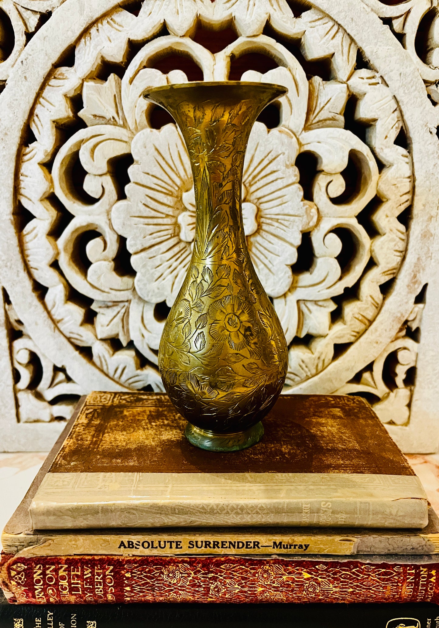 Etched Floral Brass Bud Vase
