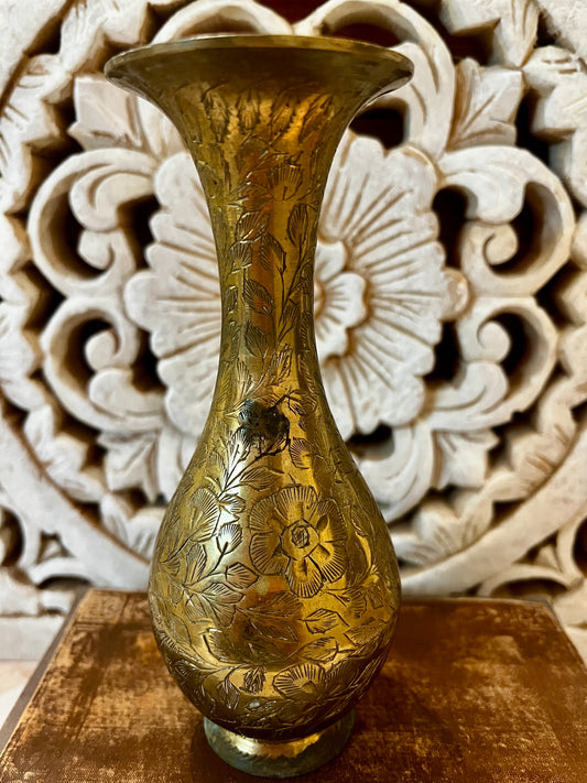 Etched Floral Brass Bud Vase
