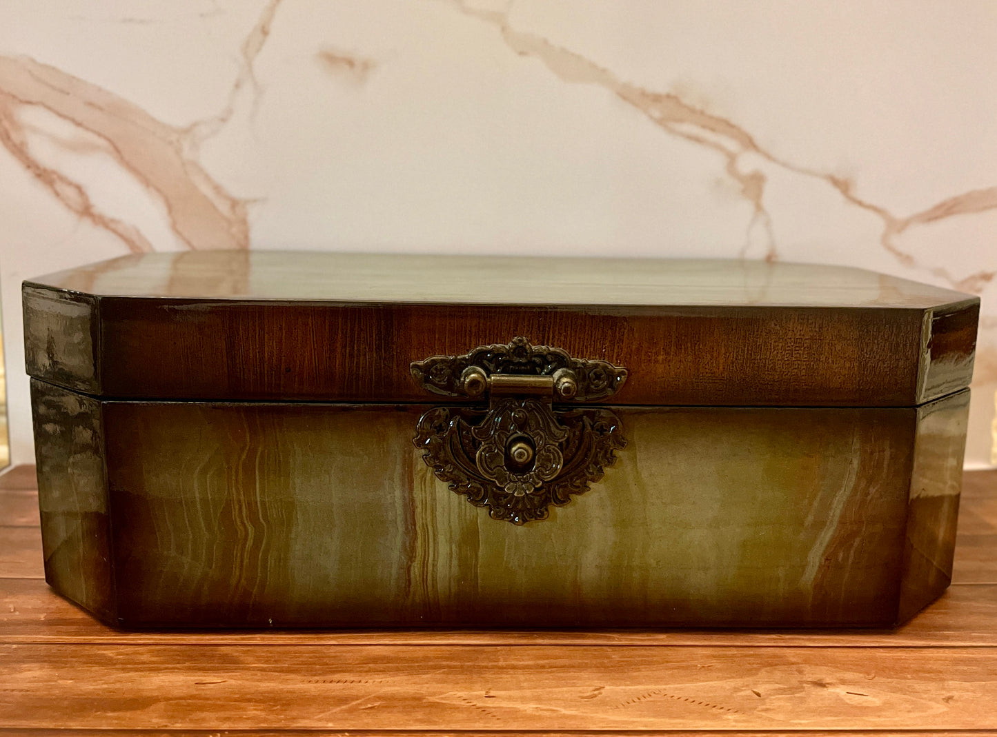 Vintage Lacquered Wood Storage Box with Brass Filigree