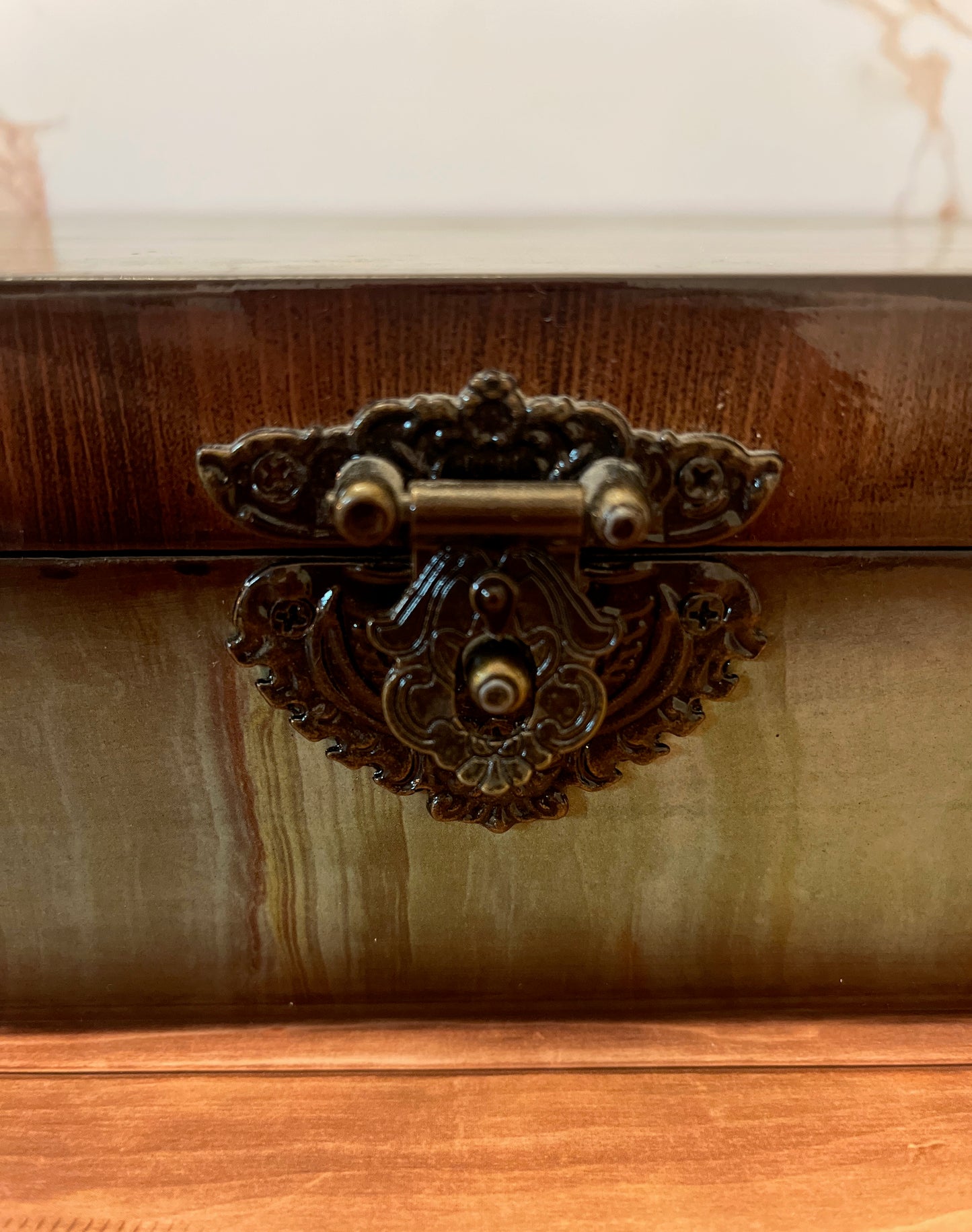 Vintage Lacquered Wood Storage Box with Brass Filigree