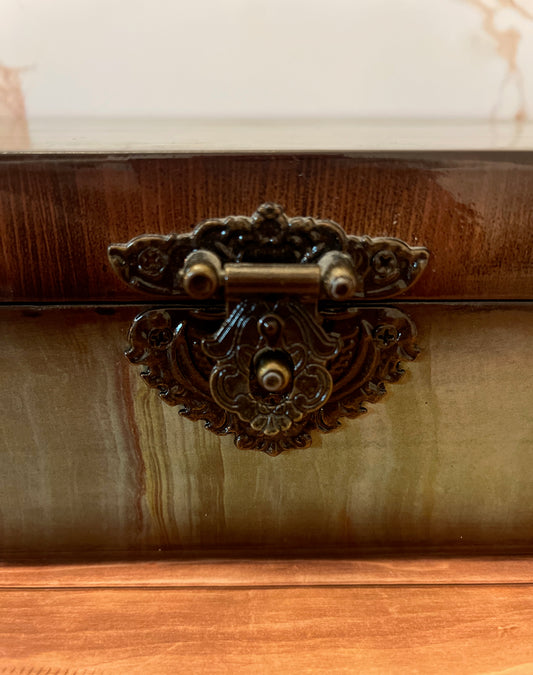 Vintage Lacquered Wood Storage Box with Brass Filigree