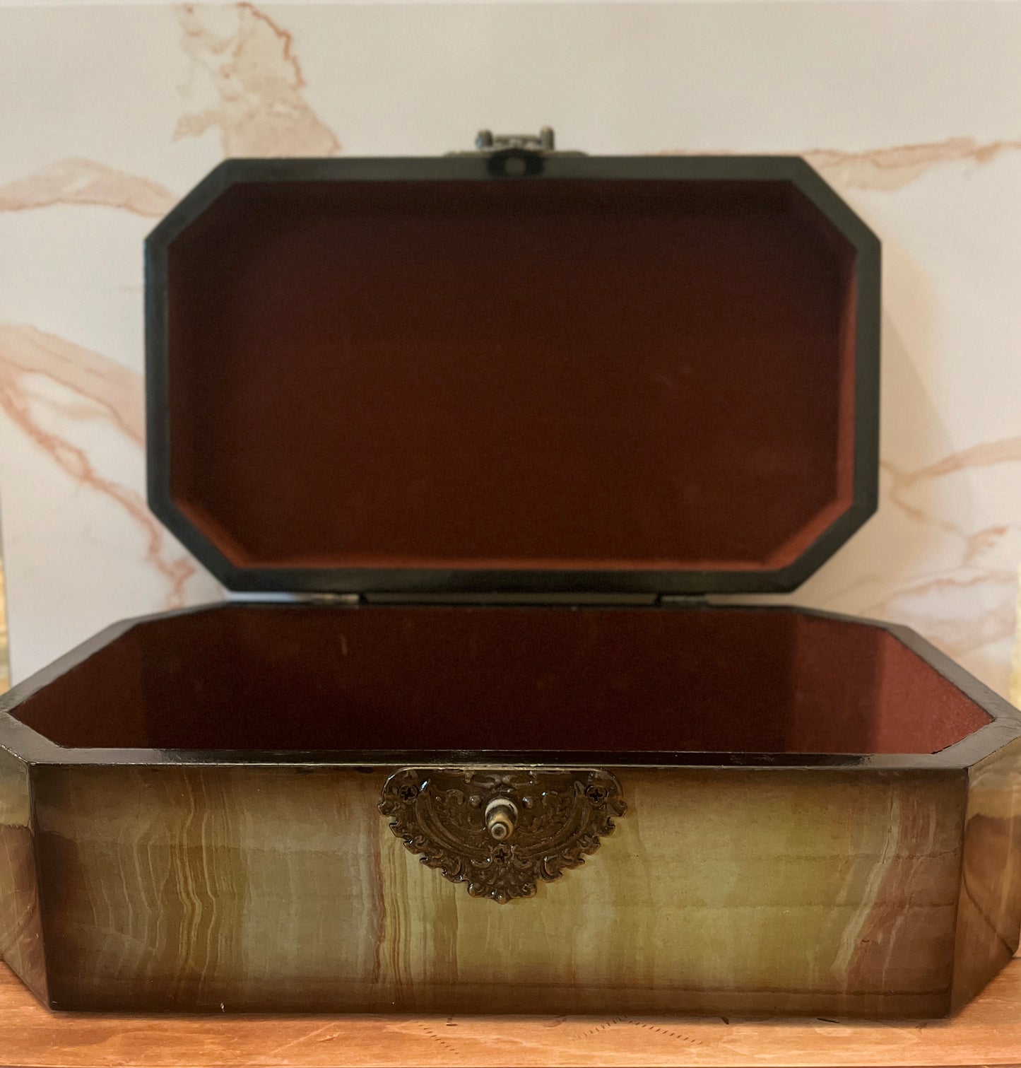 Vintage Lacquered Wood Storage Box with Brass Filigree