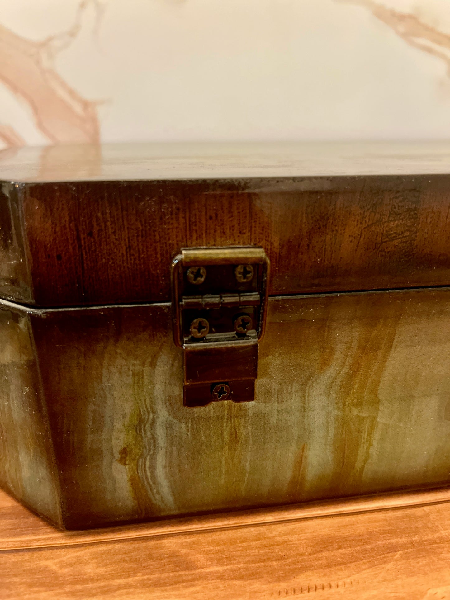 Vintage Lacquered Wood Storage Box with Brass Filigree