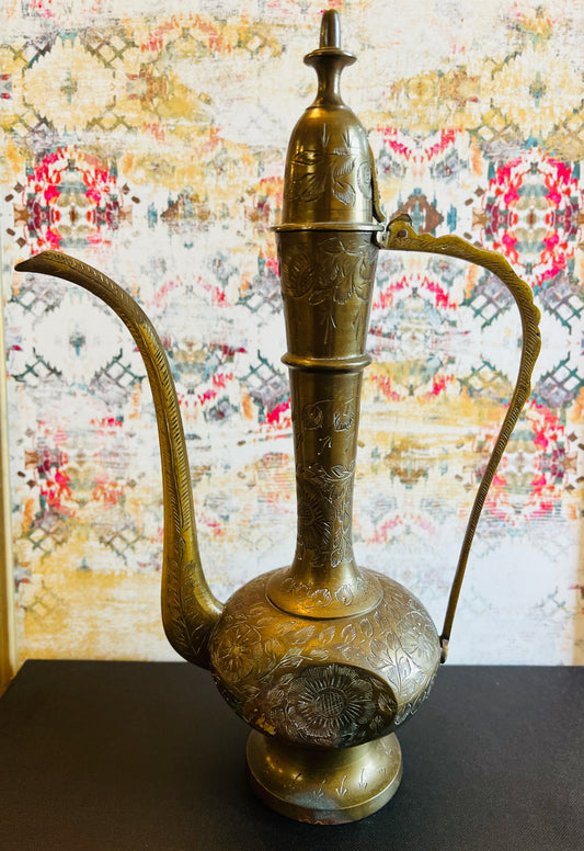 Mid-Century Indian Hand-Etched Brass Aftaba Teapot