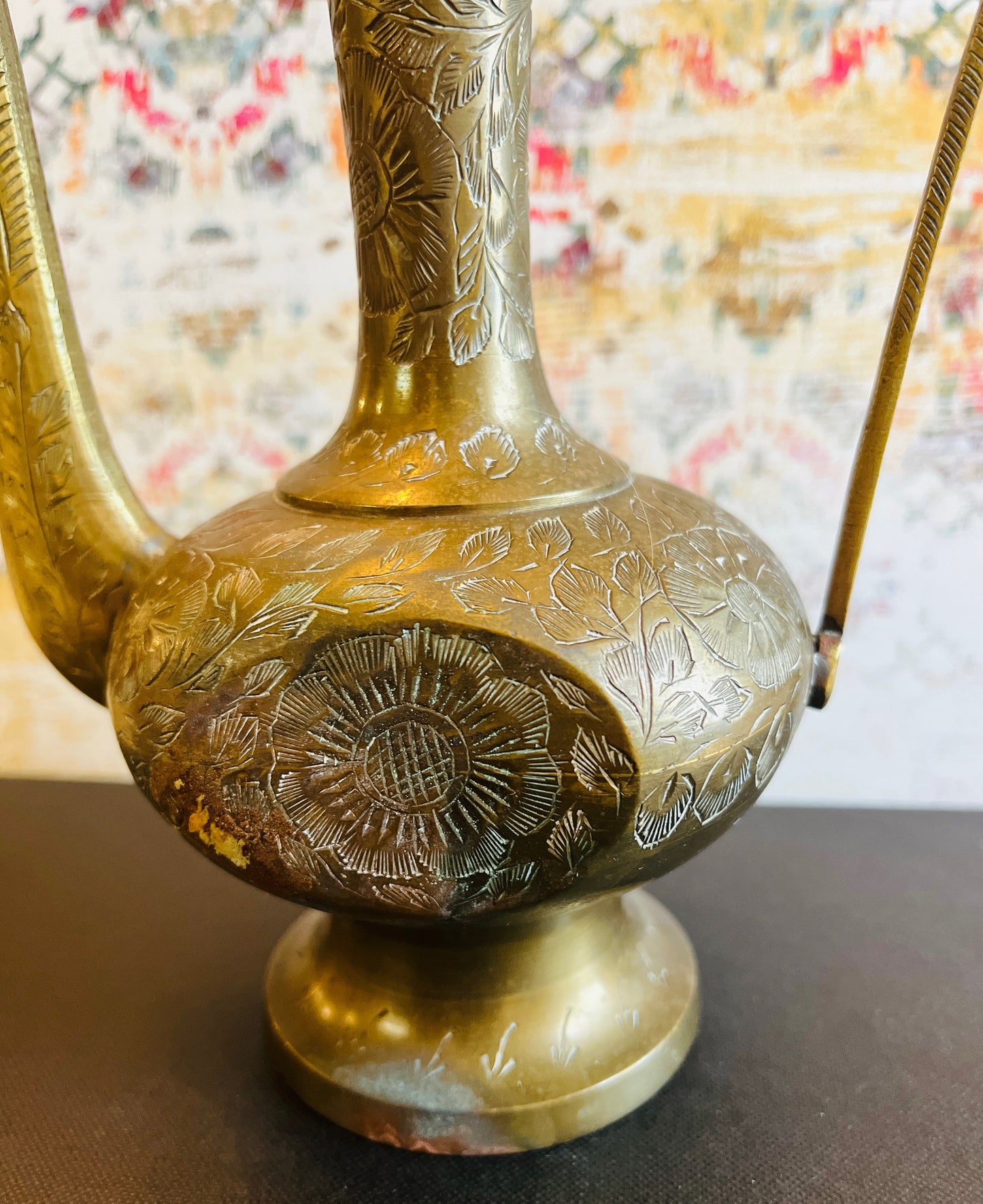 Mid-Century Indian Hand-Etched Brass Aftaba Teapot