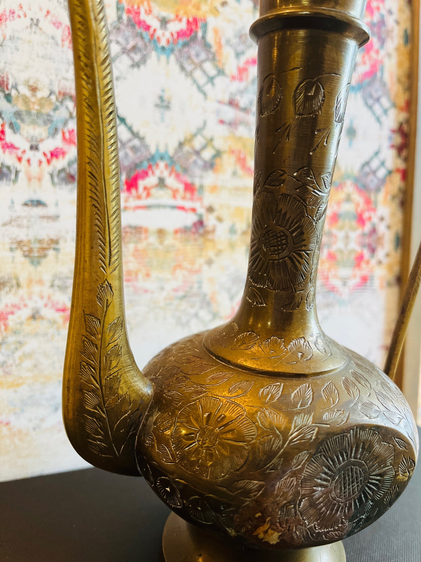 Mid-Century Indian Hand-Etched Brass Aftaba Teapot