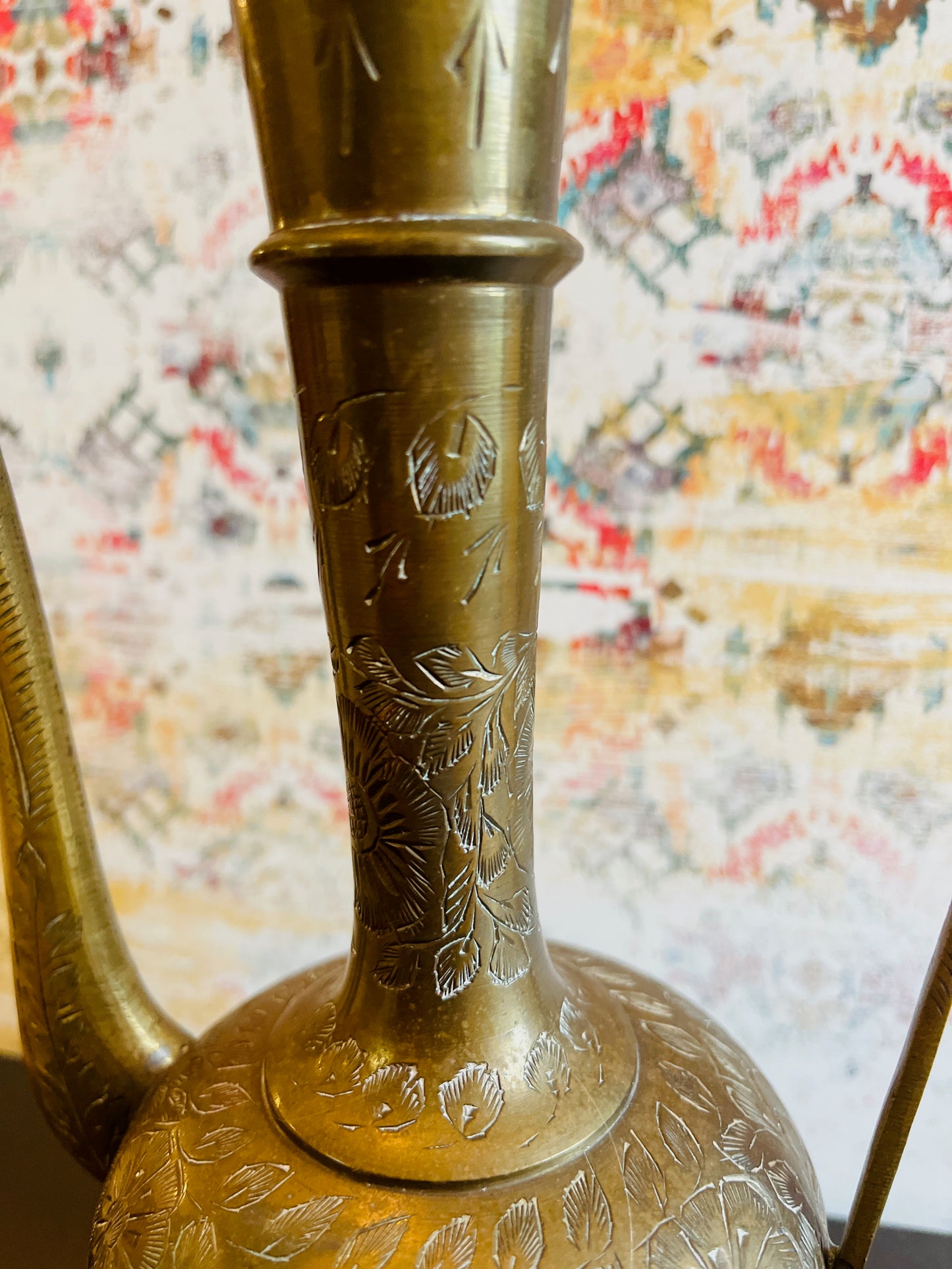 Mid-Century Indian Hand-Etched Brass Aftaba Teapot