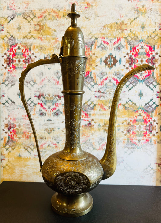Mid-Century Indian Hand-Etched Brass Aftaba Teapot