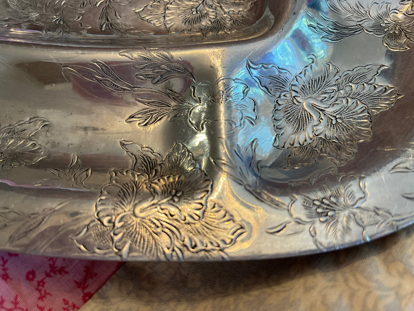 Midcentury Floral Embossed Aluminum Serving Tray