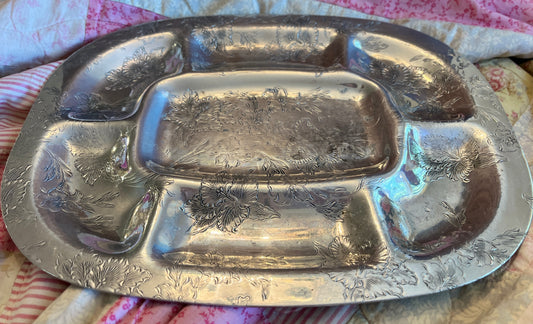 Midcentury Floral Embossed Aluminum Serving Tray