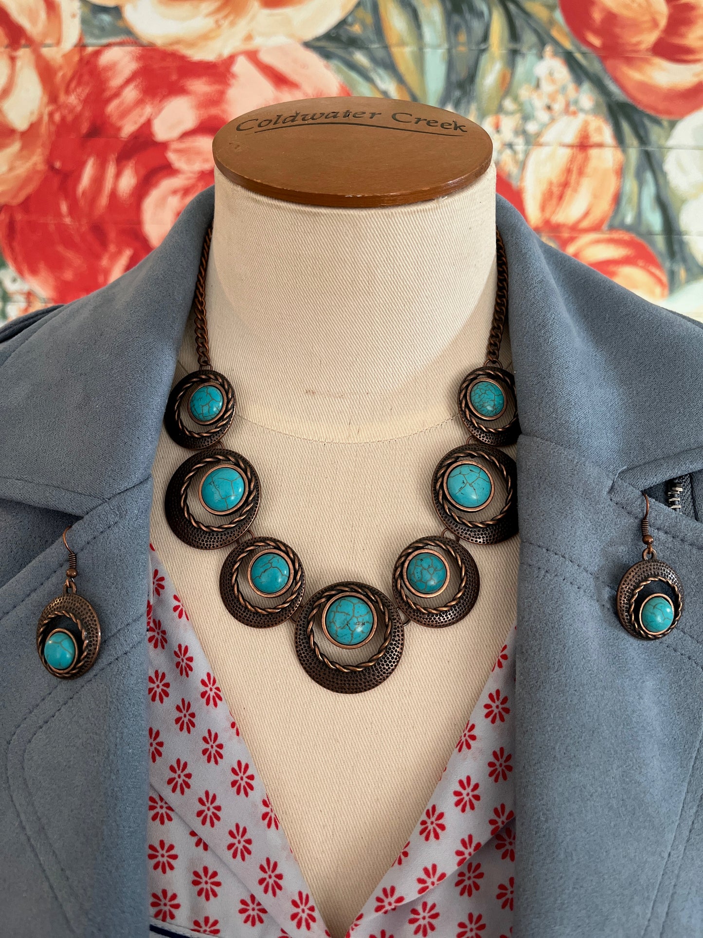 Antiqued Copper Framed Faux-Turquoise Necklace and Earring Set