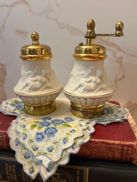 Midcentury Italian Macina Temperata Porcelain & Brass Pepper Mill and Salt Shaker Set
