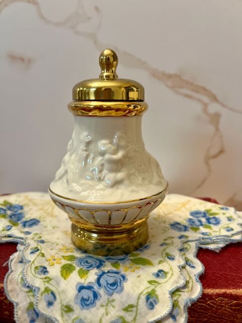 Midcentury Italian Macina Temperata Porcelain & Brass Pepper Mill and Salt Shaker Set