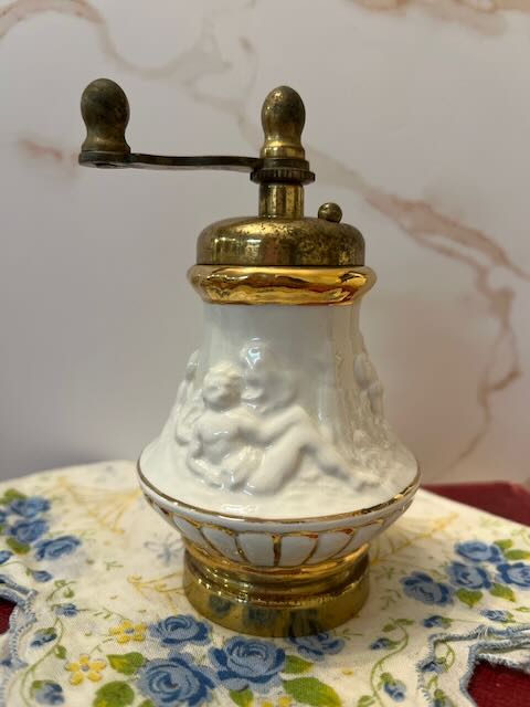 Midcentury Italian Macina Temperata Porcelain & Brass Pepper Mill and Salt Shaker Set