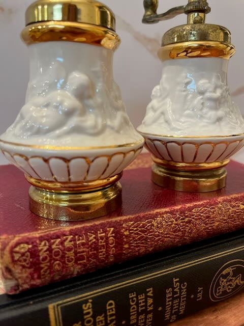 Midcentury Italian Macina Temperata Porcelain & Brass Pepper Mill and Salt Shaker Set